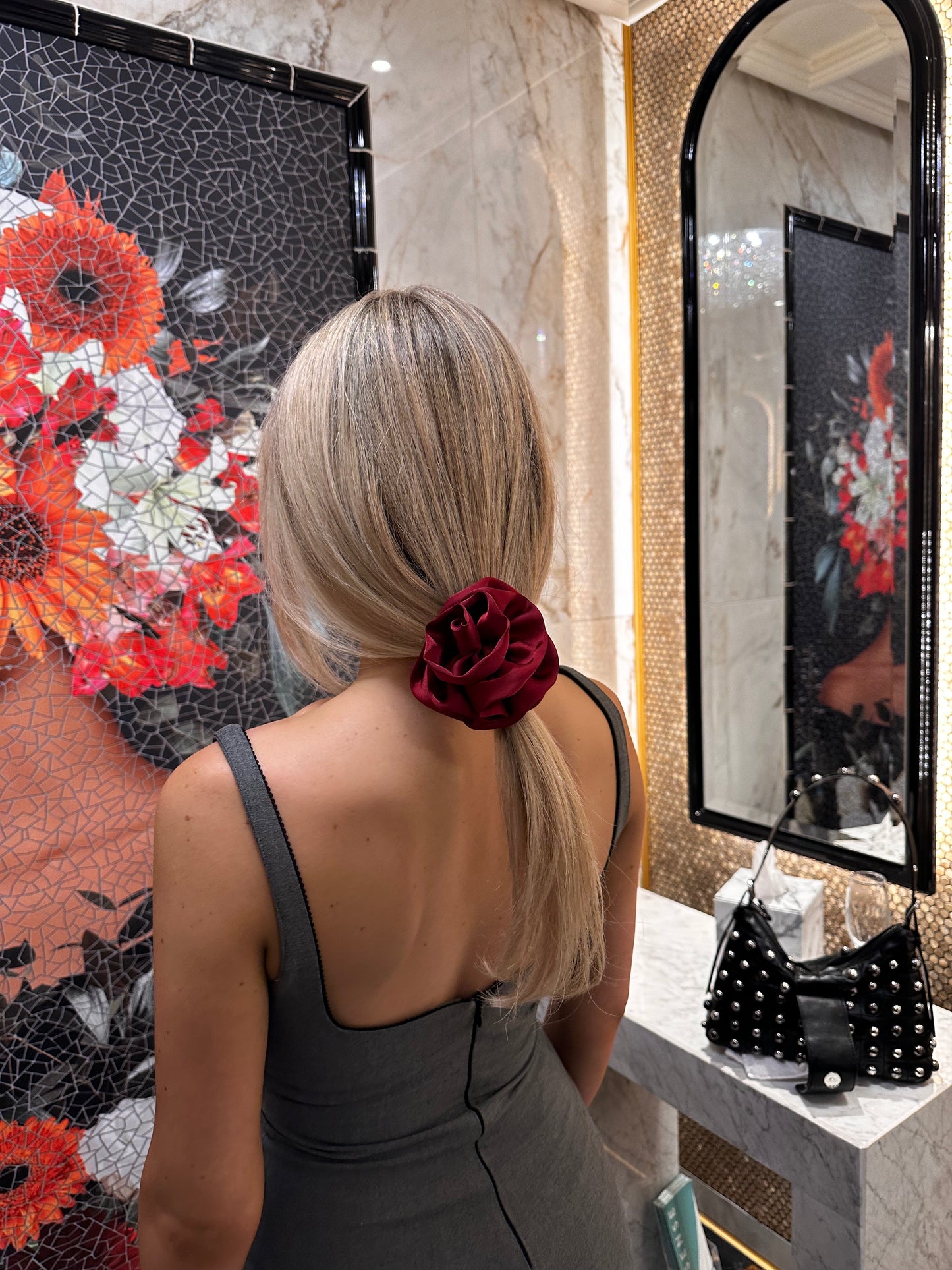 Dark red flower scrunchie
