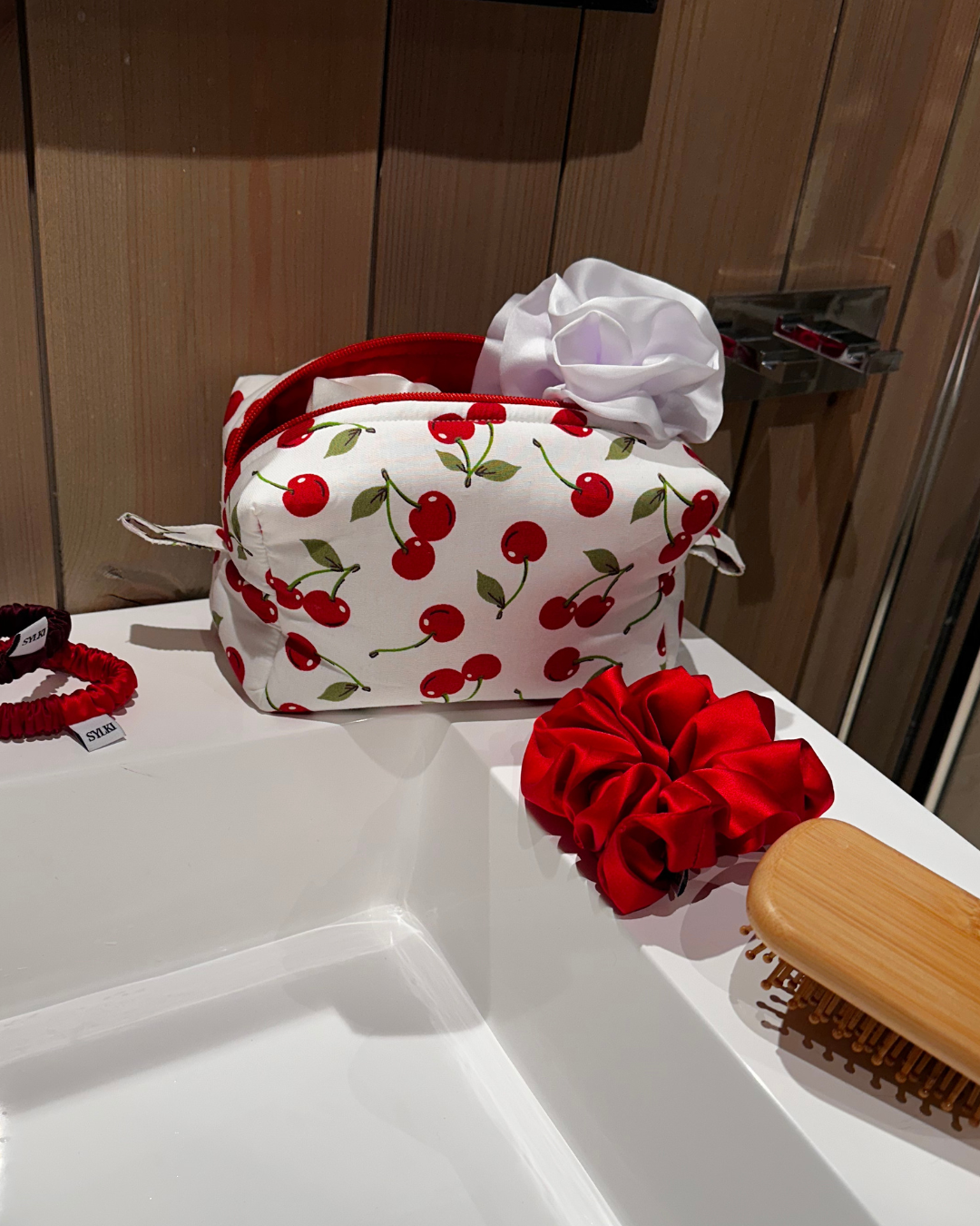 Red Cherry Print Makeup Bag