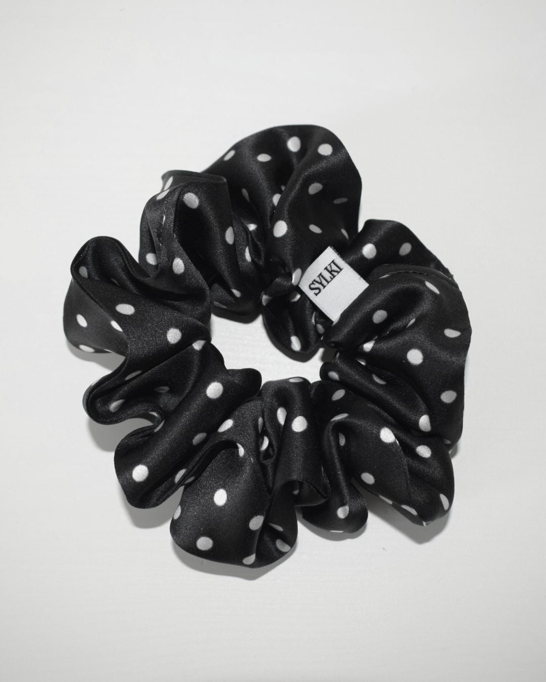 Black Polka Dot Silk Scrunchie