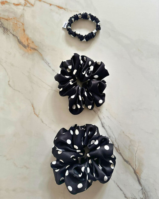 Black Polka Dot Silk Scrunchie