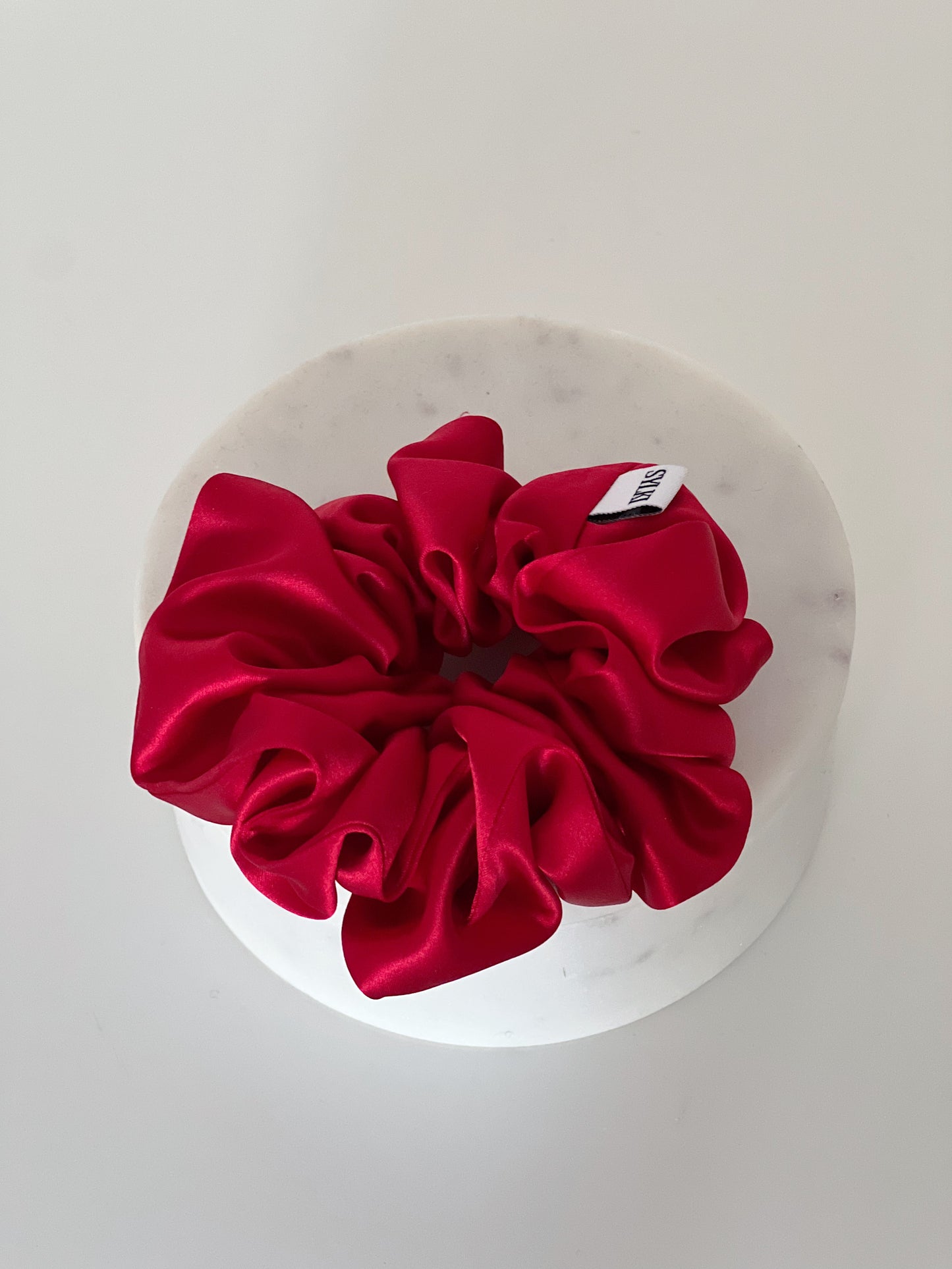 red silk scrunchie, red silk hair tie