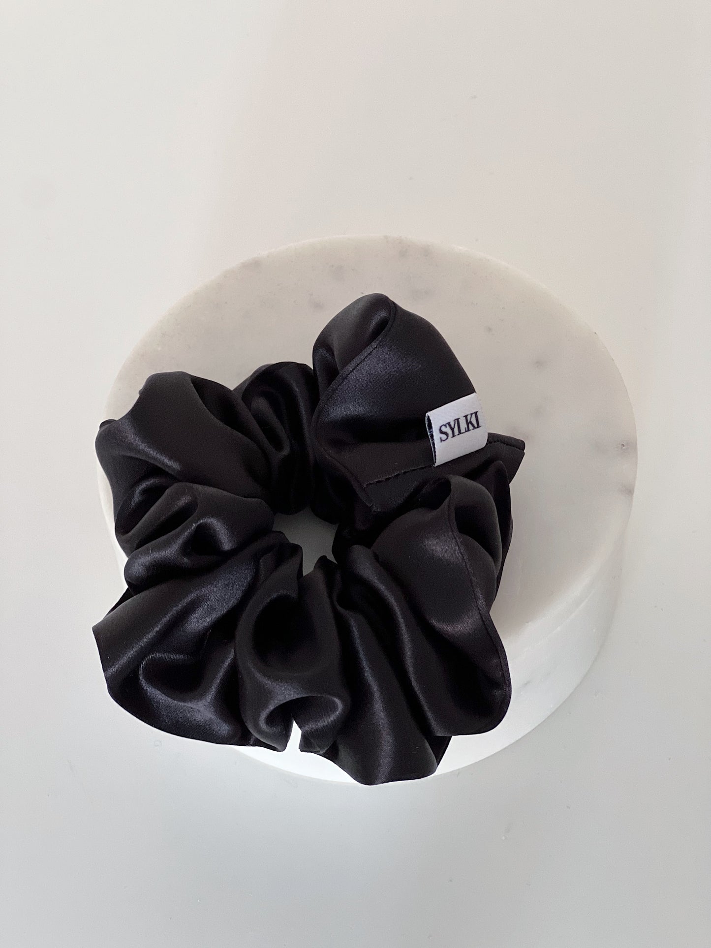 black scrunchie, black silk scrunchie