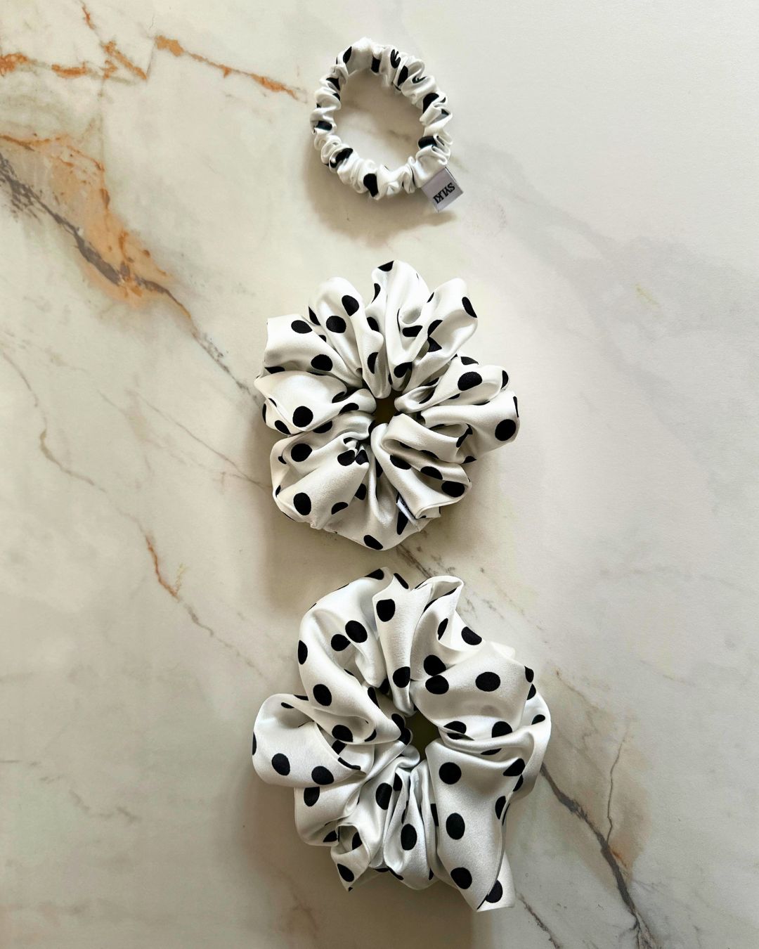 White Polka Dot Silk Scrunchie